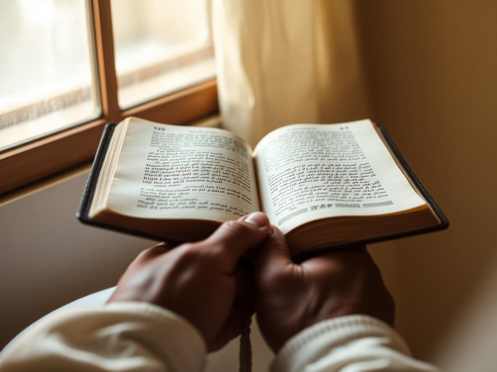 Hands holding an open Bible in warm window light